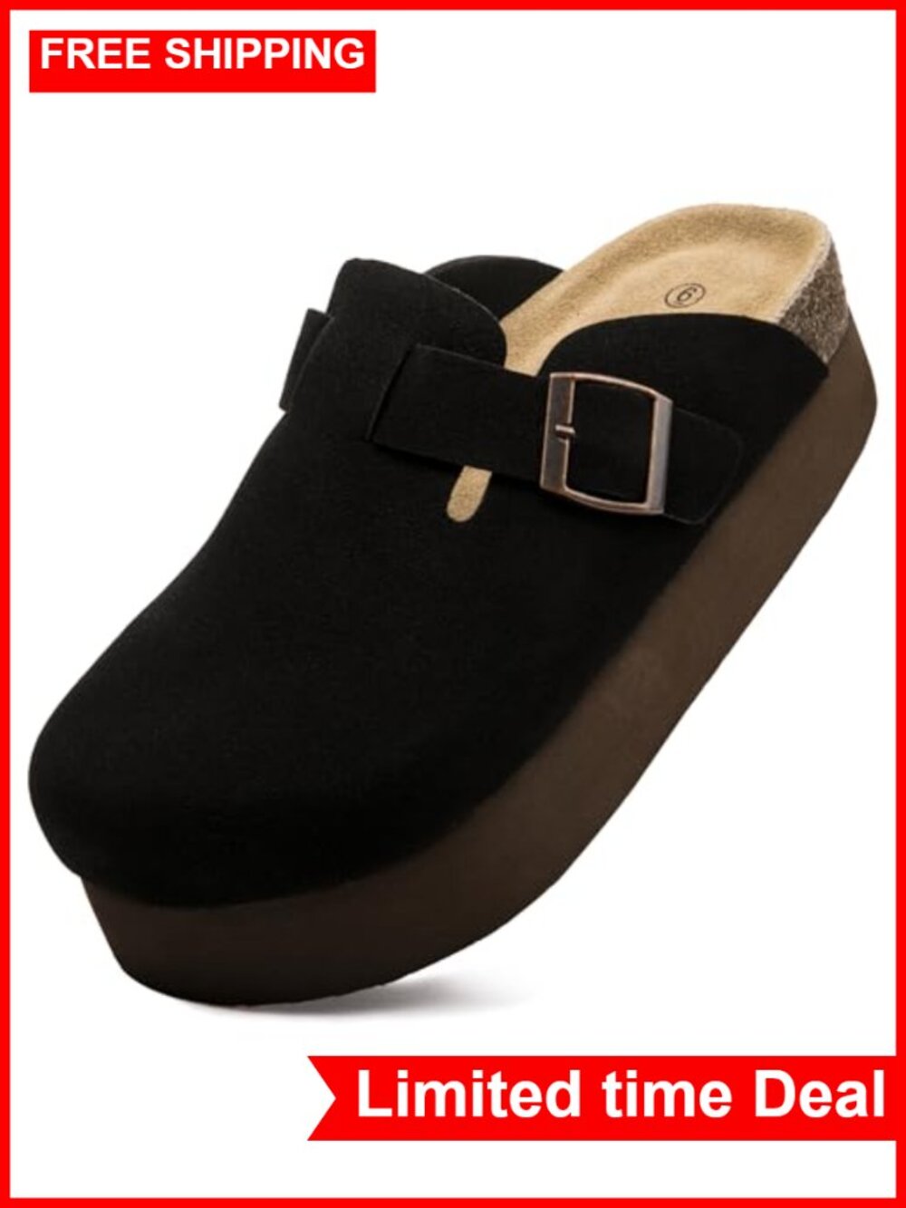 Suede Platform Clogs Slip-On Mules with Arch Support & Buckle